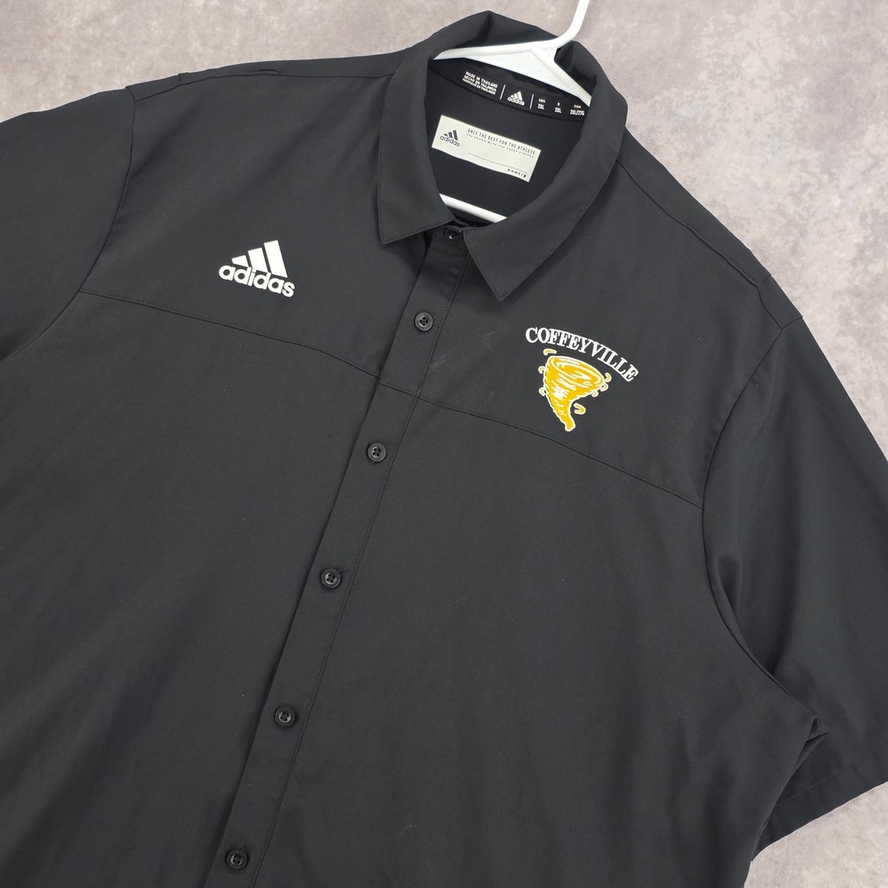 Adidas Button Up Shirt Mens 2XL Climalite Black Coffeyville Golf Short Sleeve